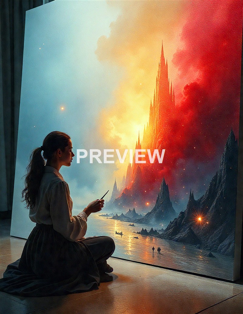A woman sitting on the floor in front of a large digital screen displaying a fantastical landscape with towering, glowing mountains, a body of water, and a colorful sky.